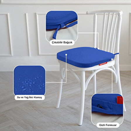 XPERMATE 2'li StandartFit Oval Sandalye Minderi Fermuarlı Yıkanabilir Kılıf Bağcıklı Su ve Yağ İtici 42x42x5 Mavi