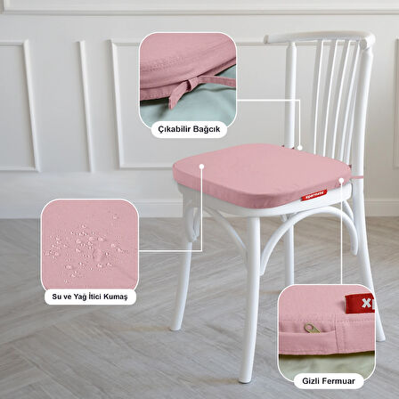 XPERMATE 2'li StandartFit Oval Sandalye Minderi Fermuarlı Yıkanabilir Kılıf Bağcıklı Su ve Yağ İtici 42x42x5 Pembe