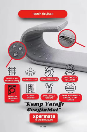 XPERMATE GezginMat Kamp Yatağı Taşıma Çantalı Kamp Matı Fermuarlı Kamp Minderi Çadır Matı Su itici Kumaş 90x190x6cm