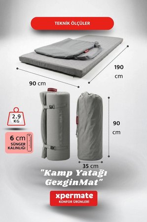XPERMATE GezginMat Kamp Yatağı Taşıma Çantalı Kamp Matı Fermuarlı Kamp Minderi Çadır Matı Su itici Kumaş 90x190x6cm