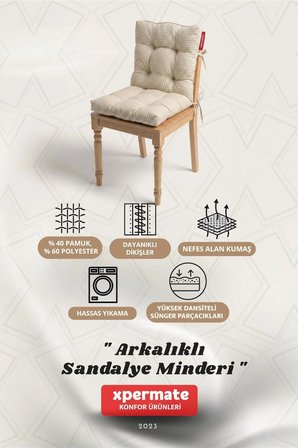 Pötikare Arkalıklı Sandalye Minderi Bağcıklı Mutfak Balkon Bahçe Minderi