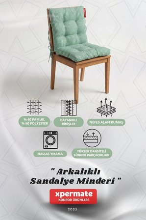 Pötikare Arkalıklı Sandalye Minderi Bağcıklı Mutfak Balkon Bahçe Minderi