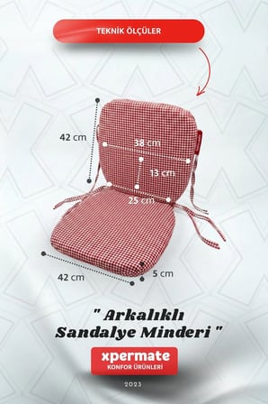 Pötikare Sırtlıklı Sandalye Minderi 42x42 Fermuarlı Yıkanabilir Kılıf Bağcıklı Minder Standart Fit