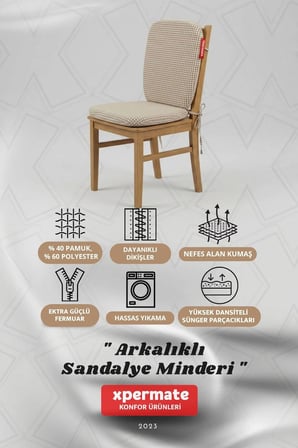 Pötikare Sırtlıklı Sandalye Minderi 42x42 Fermuarlı Yıkanabilir Kılıf Bağcıklı Minder Standart Fit