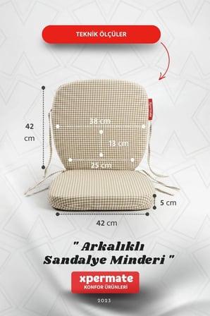 Pötikare Sırtlıklı Sandalye Minderi 42x42 Fermuarlı Yıkanabilir Kılıf Bağcıklı Minder Standart Fit
