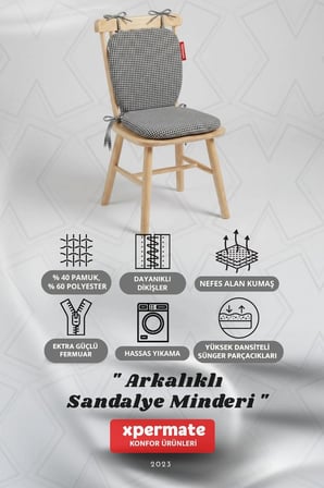 Pötikare Sırtlıklı Sandalye Minderi 42x42 Fermuarlı Yıkanabilir Kılıf Bağcıklı Minder Standart Fit