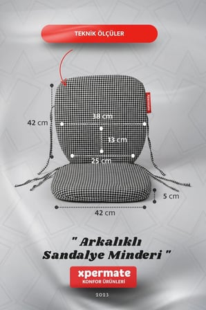 Pötikare Sırtlıklı Sandalye Minderi 42x42 Fermuarlı Yıkanabilir Kılıf Bağcıklı Minder Standart Fit