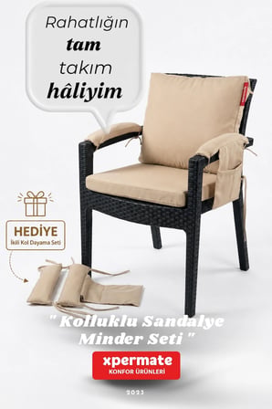 4 Parçalı Sırtlıklı Sandalye Minderi 46 x 46 cm Kol Pedli Su ve Leke İtici Bağcıklı Bahçe Balkon Minderi Seti