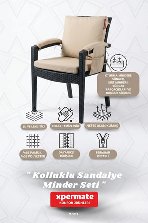 4 Parçalı Sırtlıklı Sandalye Minderi 46 x 46 cm Kol Pedli Su ve Leke İtici Bağcıklı Bahçe Balkon Minderi Seti
