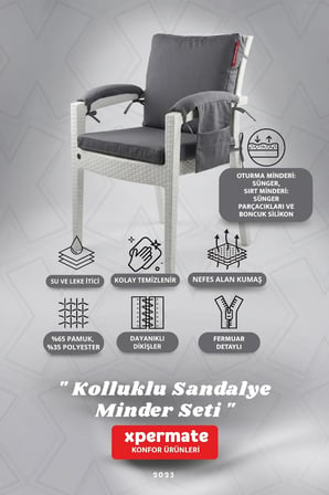 4 Parçalı Sırtlıklı Sandalye Minderi 46 x 46 cm Kol Pedli Su ve Leke İtici Bağcıklı Bahçe Balkon Minderi Seti