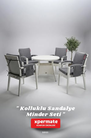 4 Parçalı Sırtlıklı Sandalye Minderi 46 x 46 cm Kol Pedli Su ve Leke İtici Bağcıklı Bahçe Balkon Minderi Seti