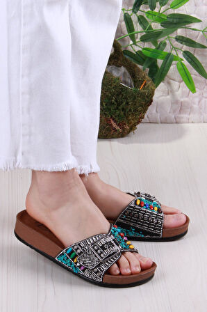 Fort Pienn 20050 Anatomik Rahat Taşlı Boncuklu Tek Tokalı Kadın Terlik