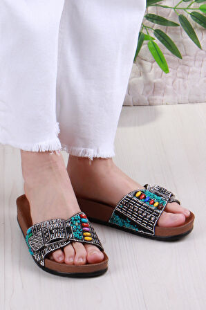 Fort Pienn 20050 Anatomik Rahat Taşlı Boncuklu Tek Tokalı Kadın Terlik