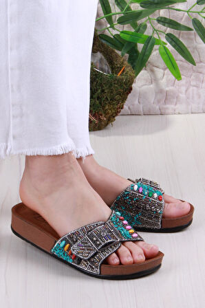 Fort Pienn 20050 Anatomik Rahat Taşlı Boncuklu Tek Tokalı Kadın Terlik