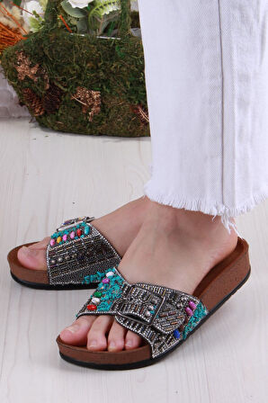 Fort Pienn 20050 Anatomik Rahat Taşlı Boncuklu Tek Tokalı Kadın Terlik