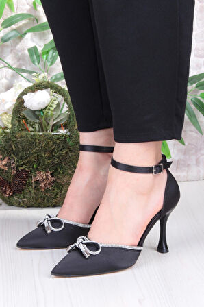 Fort 35695 Saten Fiyonklu Biye Taşlı Topuklu Abiye Ayakkabı Kadın Ayakkabı