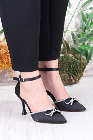 Fort 35695 Saten Fiyonklu Biye Taşlı Topuklu Abiye Ayakkabı Kadın Ayakkabı