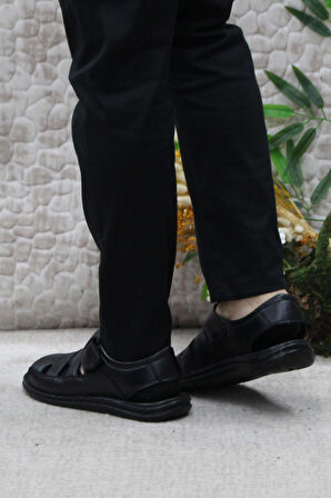 Mehmet Mete 106 Siyah Kale Comfort Hakiki Deri Erkek Sandalet