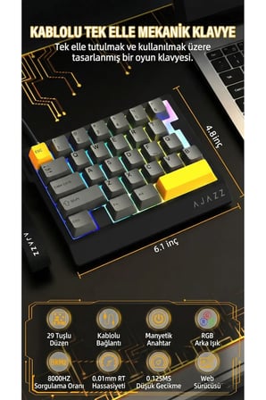 AK029 Tek El Kablolu Manyetik Switch Oyun Klavyesi- RGB-29 Tuş-8000 Hz