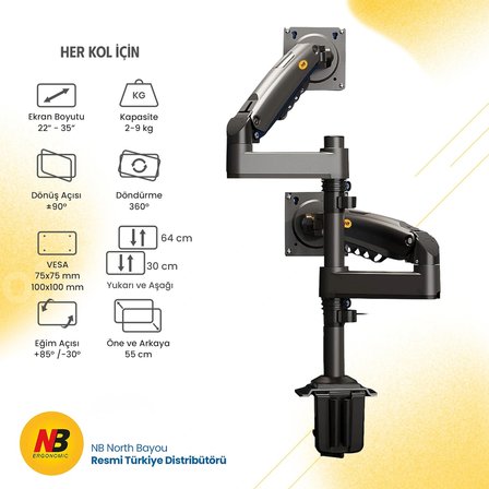 Nb North Bayou H180 22-32 " Çift Kol Amortisörlü 2-12 kg Vesa Monitör Standı Siyah