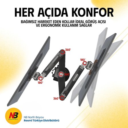 Nb North Bayou H180 22-32 " Çift Kol Amortisörlü 2-12 kg Vesa Monitör Standı Siyah