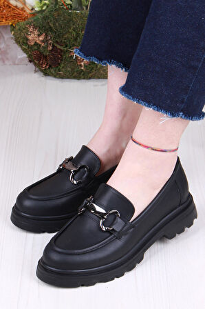 Fort 35821 Siyah Cilt Toka Detaylı Rahat Loafer Kadın Ayakkabı