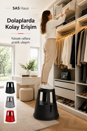 SAS Haus Tekerlekli Kaymaz Basamaklı Tabure  – Çift Katlı Devrilmez Güvenli Basamak Taburesi