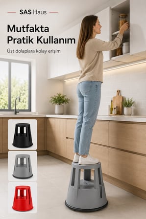SAS Haus Tekerlekli Kaymaz Basamaklı Tabure  – Çift Katlı Devrilmez Güvenli Basamak Taburesi