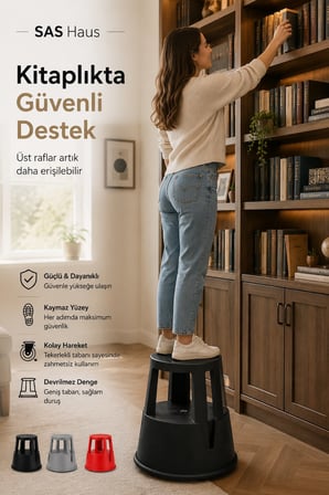 SAS Haus Tekerlekli Kaymaz Basamaklı Tabure  – Çift Katlı Devrilmez Güvenli Basamak Taburesi