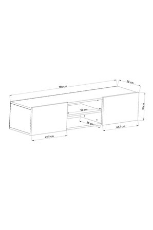 DF17102 LED Işıklı Duvara Monte TV Ünitesi, 2 Kapaklı Dolaplı, Raflı 150 cm TV Alt Ünitesi Safir Meşe
