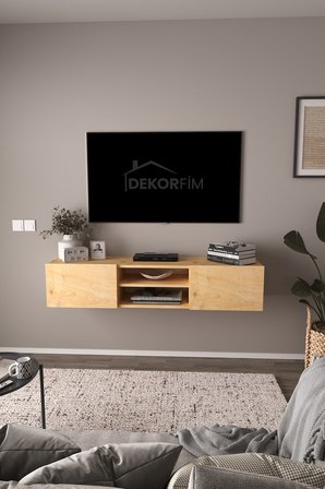 DF17102 LED Işıklı Duvara Monte TV Ünitesi, 2 Kapaklı Dolaplı, Raflı 150 cm TV Alt Ünitesi Safir Meşe