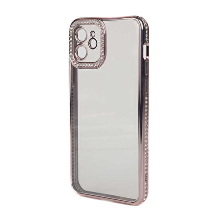 iPhone 12 Kılıf Şeffaf Arka Yüzey Kamera ve Kenarları Taşlı Silikon