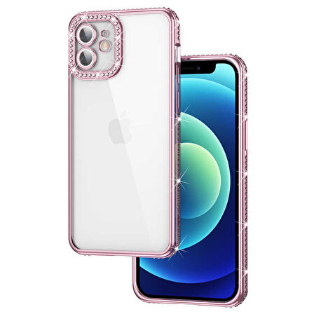 iPhone 12 Kılıf Şeffaf Arka Yüzey Kamera ve Kenarları Taşlı Silikon