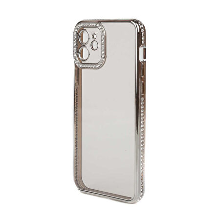 iPhone 12 Kılıf Şeffaf Arka Yüzey Kamera ve Kenarları Taşlı Silikon