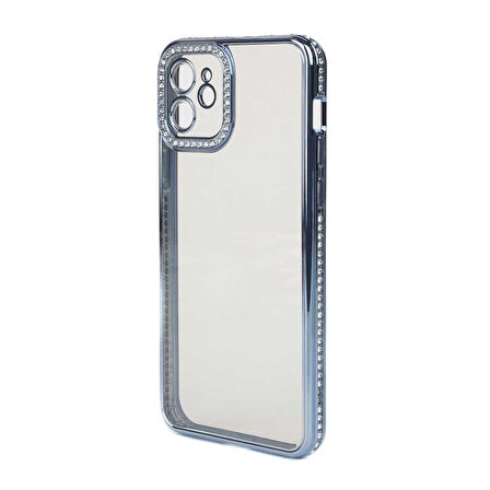 iPhone 12 Kılıf Şeffaf Arka Yüzey Kamera ve Kenarları Taşlı Silikon