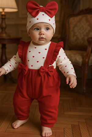 Kız Bebek Sevimli Kalpli Kırmızı Fırfırlı Askılı Yenidoğan Fiyonklu Bereli Tulum