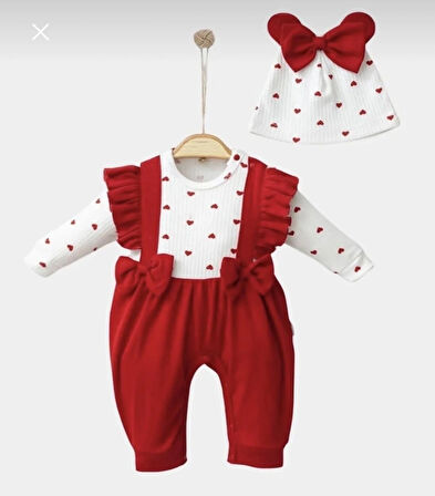 Kız Bebek Sevimli Kalpli Kırmızı Fırfırlı Askılı Yenidoğan Fiyonklu Bereli Tulum