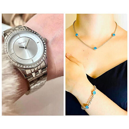 Ferrucci Silver Çelik Şık Kadın Kol Saati+Nazarlıklı Set Hediye