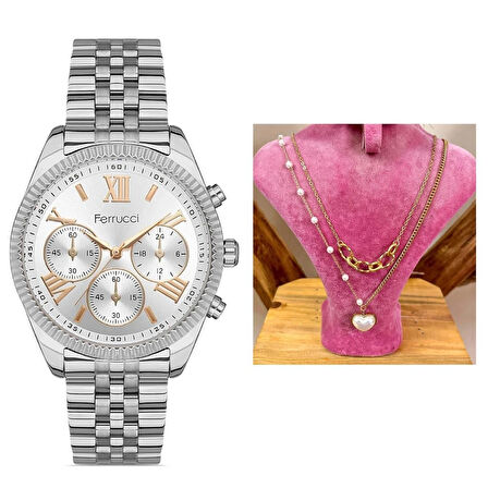 Ferrucci Silver Roma Rakamlı Çelik Kadın Kol Saat+%100 Çelik Kolye Hediye
