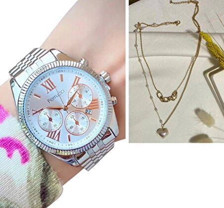 Ferrucci Silver Roma Rakamlı Çelik Kadın Kol Saat+%100 Çelik Kolye Hediye