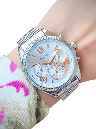 Ferrucci Silver Roma Rakamlı Çelik Kadın Kol Saat+%100 Çelik Kolye Hediye