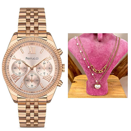 Ferrucci Rosegold Roma Rakamlı Çelik Kadın Kol Saat+Çelik Kolye Hediye
