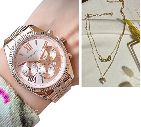 Ferrucci Rosegold Roma Rakamlı Çelik Kadın Kol Saat+Çelik Kolye Hediye