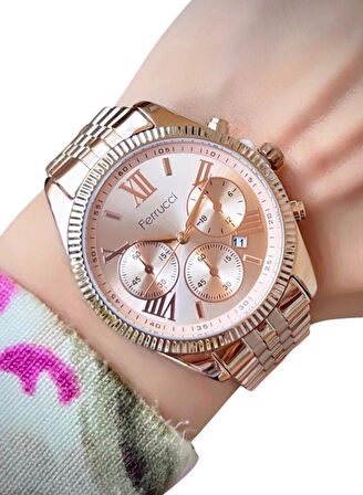 Ferrucci Rosegold Roma Rakamlı Çelik Kadın Kol Saat+Çelik Kolye Hediye