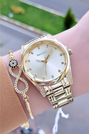 Ferrucci Çelik Modern Tasarım Altın Renk Kadın Kol Saat+Bileklik Hediyeli