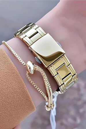 Ferrucci Çelik Modern Tasarım Altın Renk Kadın Kol Saat+Bileklik Hediyeli