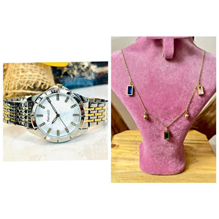 Ferrucci Silver-Gold Renk Şık Çelik Kadın Kol Saat+%100 Çelik Kolye Hediyeli