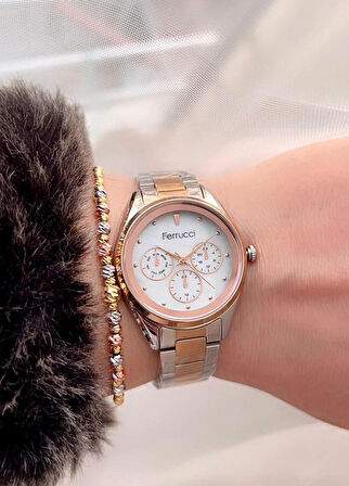 Ferrucci Gümüş-Rosegold Renk Spor Kasa Çelik Kadın Kol Saati+Bileklik Hediyeli