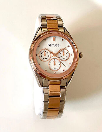 Ferrucci Gümüş-Rosegold Renk Spor Kasa Çelik Kadın Kol Saati+Bileklik Hediyeli