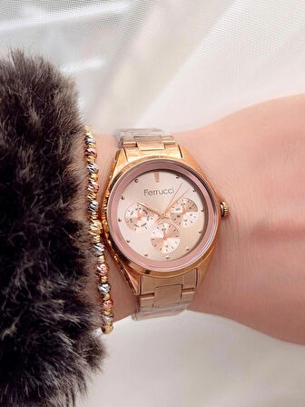  Ferrucci Rosegold Renk Spor Kasa Çelik Kadın Kol Saati+Bileklik Hediyeli